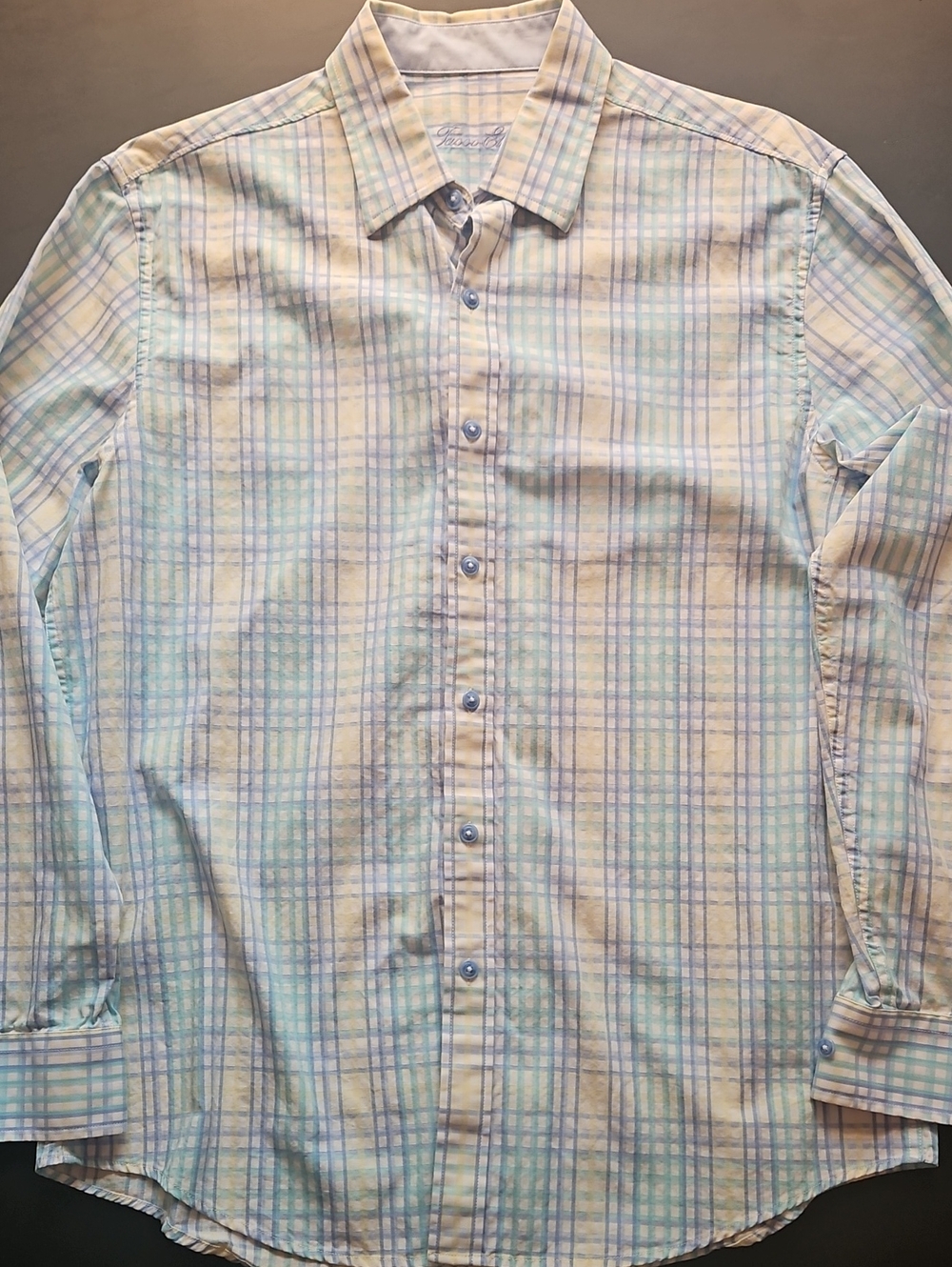 Men's Tasso Elba Light Blue and Cream Plaid Button-Down Shirt